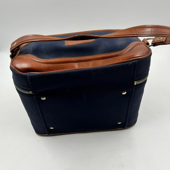 SEARS Vintage Train Case Travel Bag Cosmetic Toiletry Case Vinyl Canvas Navy - Picture 5 of 10